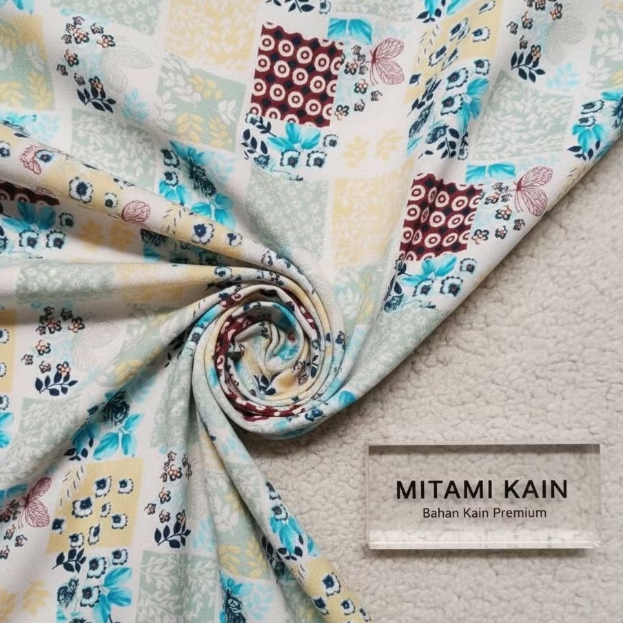 ​Kain Bubel Crepe Motif Kotak Bunga Warna Pastel Mint Biru untuk Rok/Setelan (Harga Kain Per½ Meter)