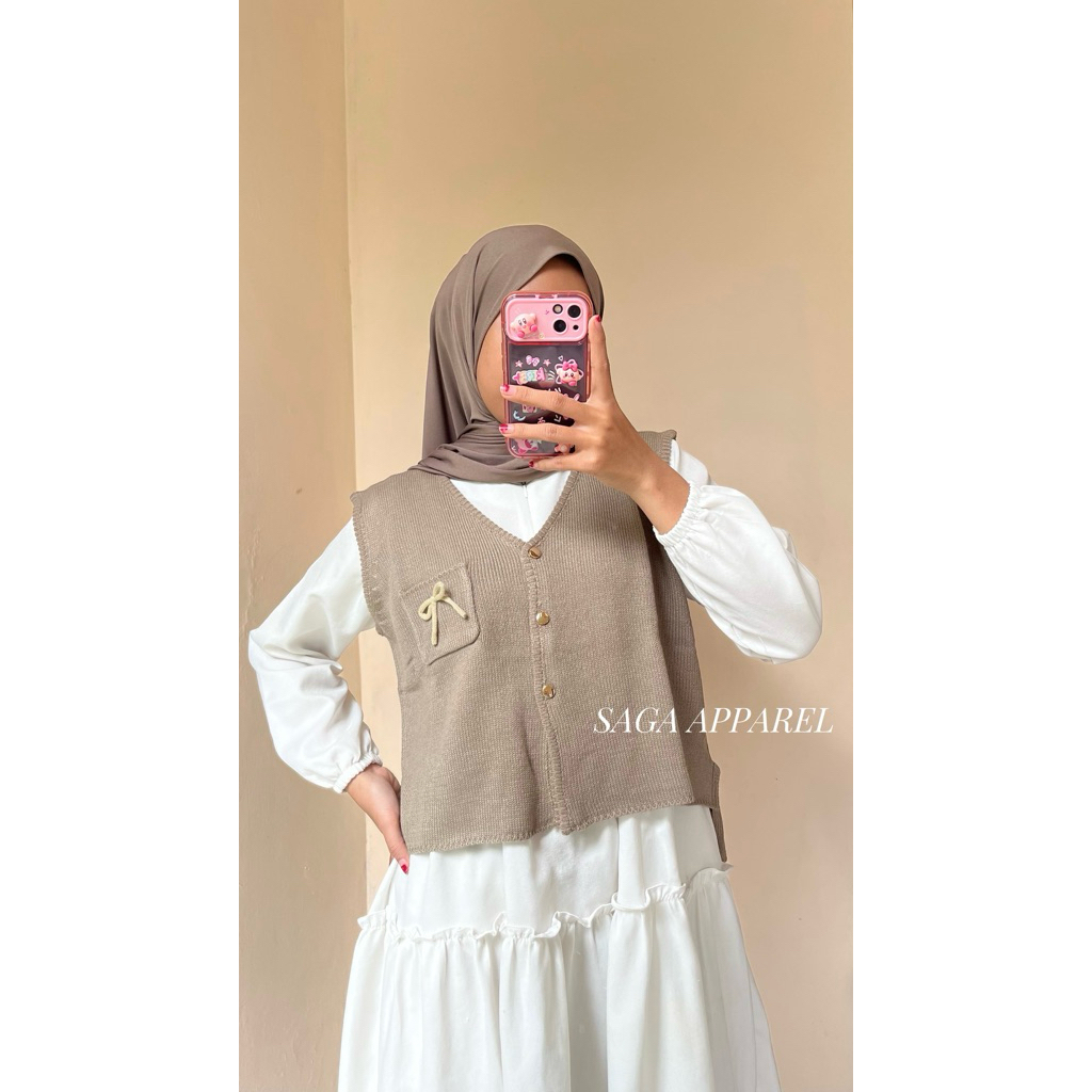 Nella Vest - Atasan Vest Rompi Rajut Kancing Wanita Kerah V Neck Motif Polos Variasi Pita Lucu