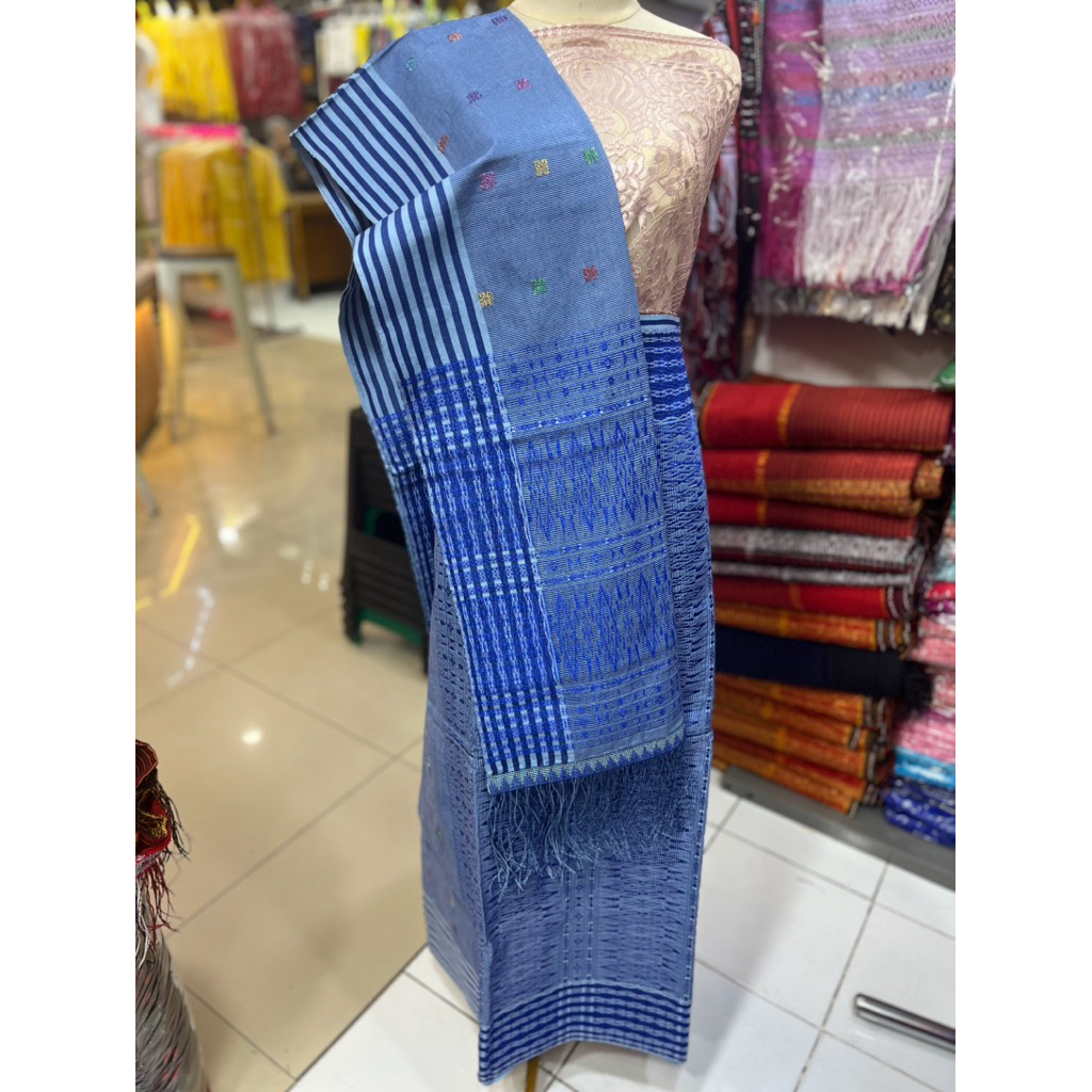 Songket Tumtuman tenun tangan asli tarutung biru denim selendang sirat payet