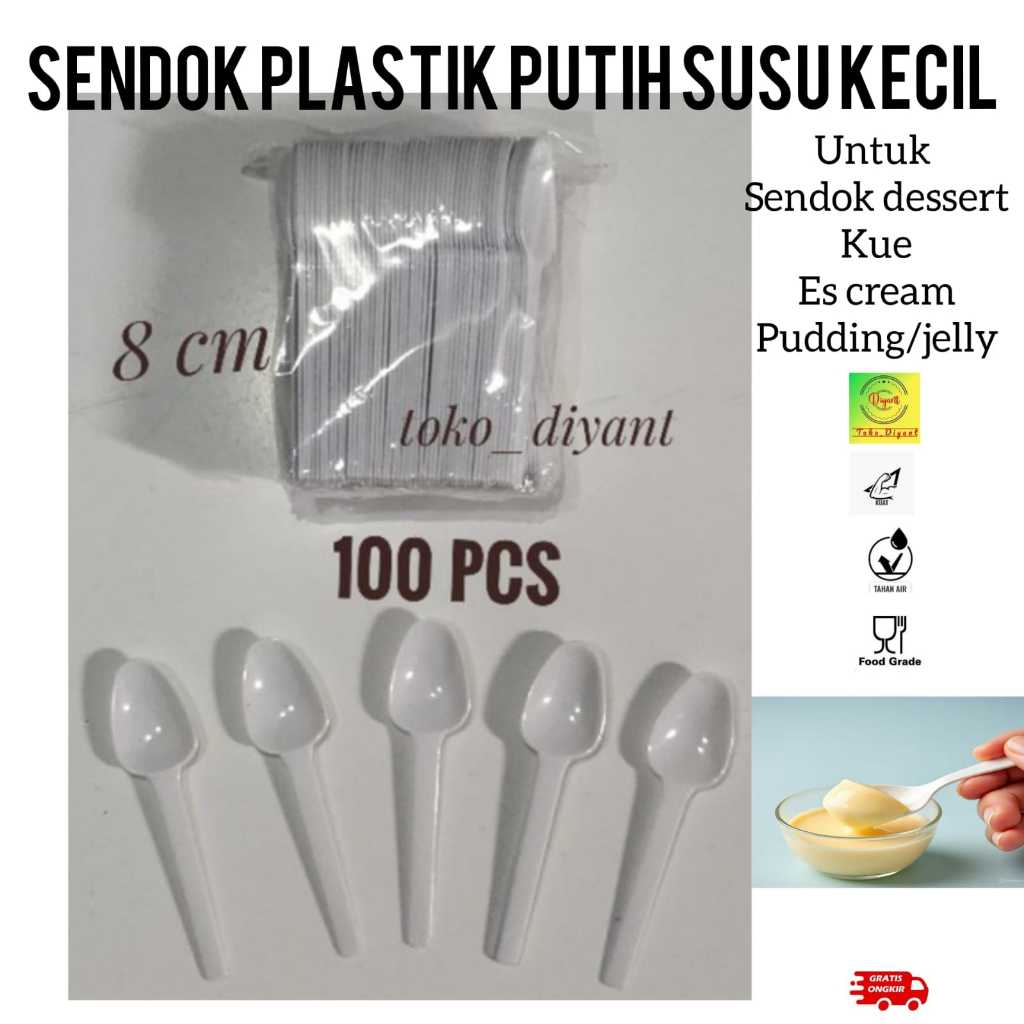 Sendok kecil 100 pcs plastik putih susu - sendok puding kue es krim cream ukuran 4"  isi 100 pcs des