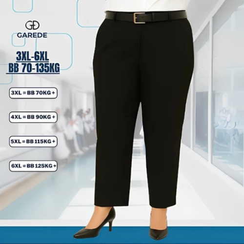 Garede - Celana Panjang Wanita Kerja Jumbo Highwaist Pinggang Karet Bahan Katun Hitam