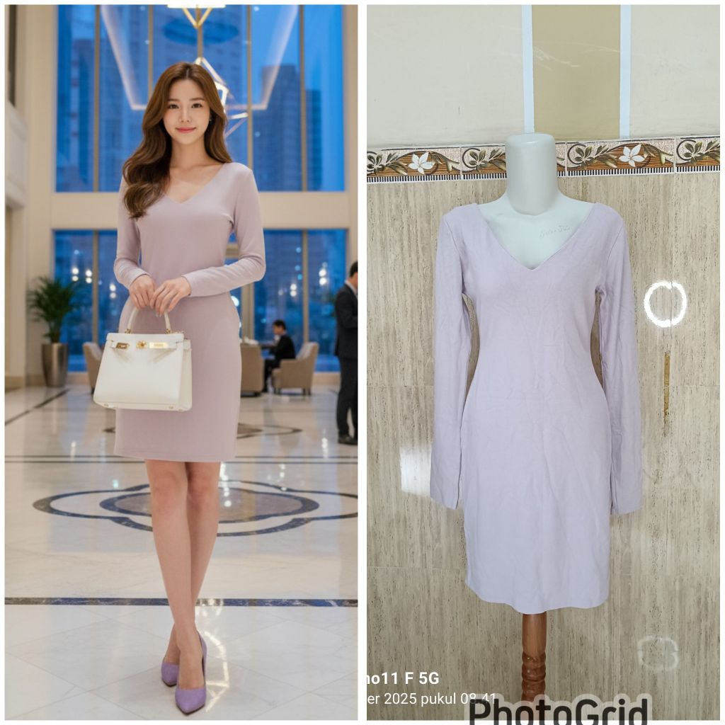 Dress Lilac lengan panjang v neck