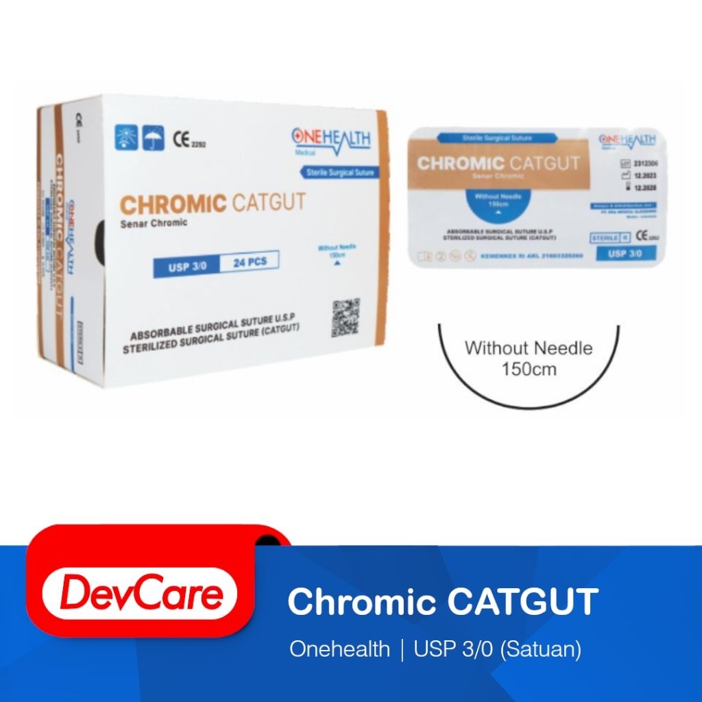 Benang Jahit Bedah Steril ONEHEALTH Catgut Chromic Plain Surgical Suture Without Needle Ecer