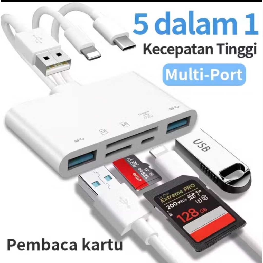 3 lines phone Card Reader 5 in 1  Lightning to SD Card / TF Memory Card Read OTG Adapter
