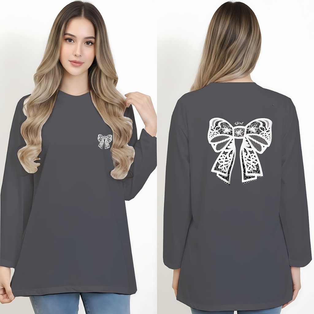 Kaos oblong oversize wanita lengan panjang motif  Pita Depan Belakang