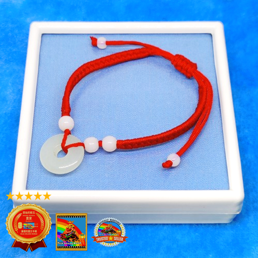 Gelang Tali Merah  Liontin Giok Burma Model Donat   Putih