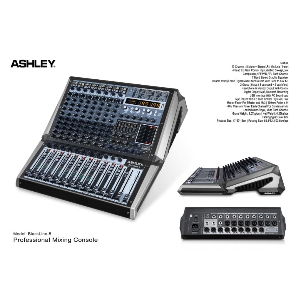 Mixer ASHLEY Black Line 8 Chanel Efek Digital Reverb Dobel Efek, Equaliser