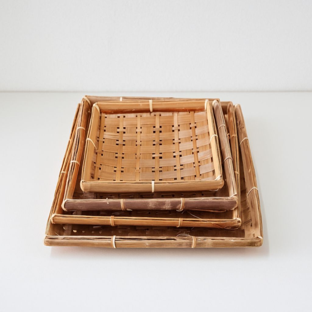 Piring lalapan kotak - piring bambu - 1 set piring anyaman bambu - piring pecel lele