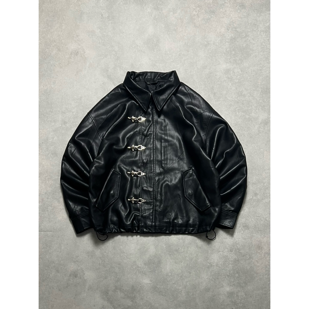 Spao Black Glossy Casual Harrington Fireman Claps Leather Jacket