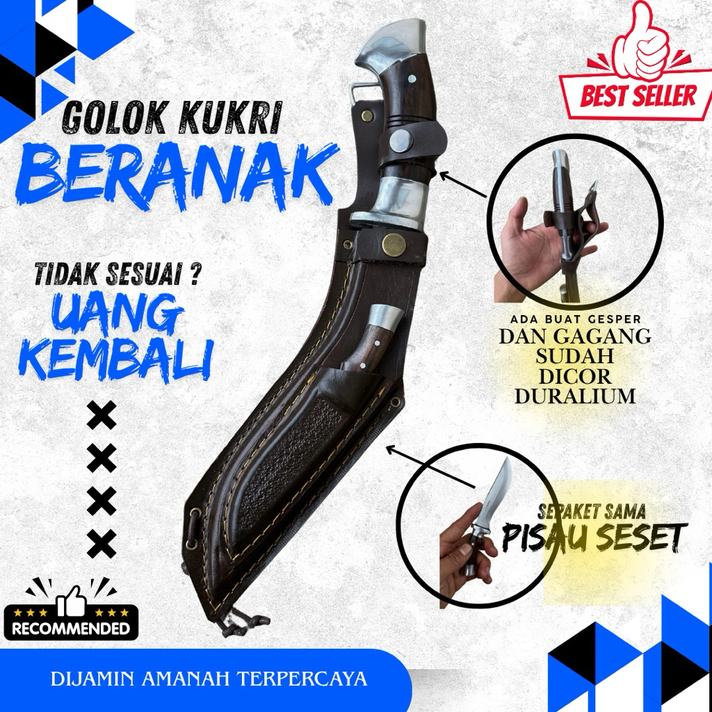 PISAU KUKRI BERANAK SURVIVAL MULTIFUNGSI // BAHAN BAJAPER PB 25cm SUDAH SATU SET DGN PISAU CILIKNYA 
