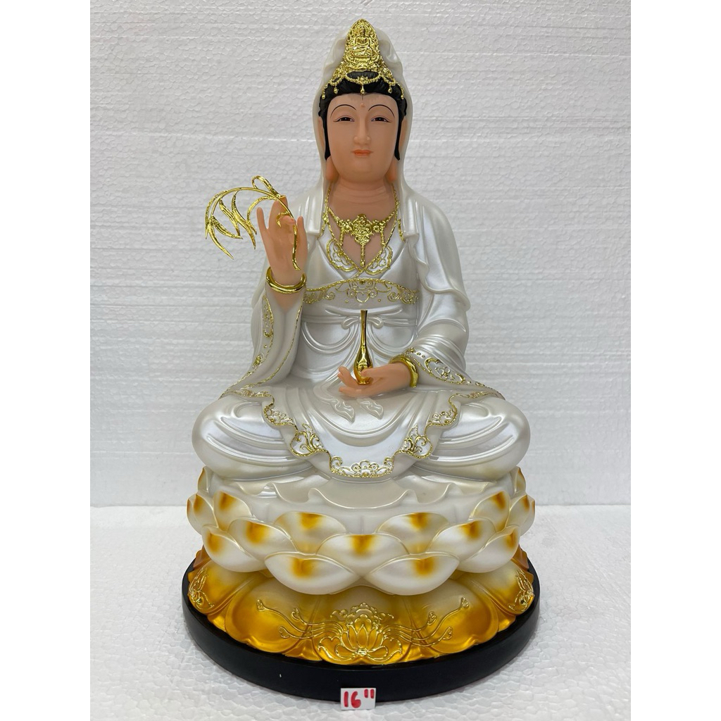 patung Dewi kwan im - guan yin - Kuan im baju putih marmer 16in