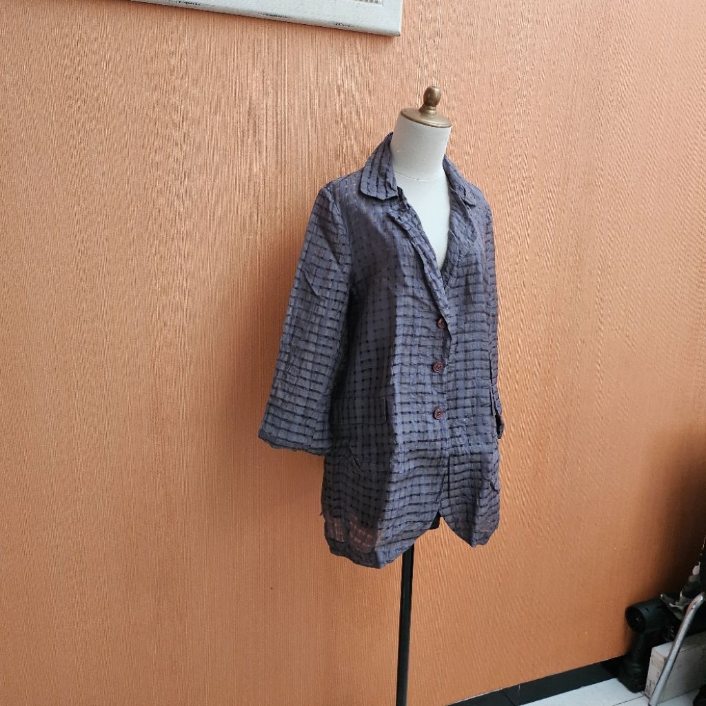 atasan kemeja wanita abu tua motif salur CHOI YEN OK cewek XL vneck jumbo oversized