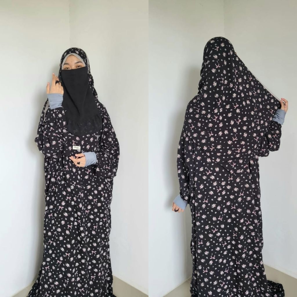mukena pasmina syari motif bunga hitam
