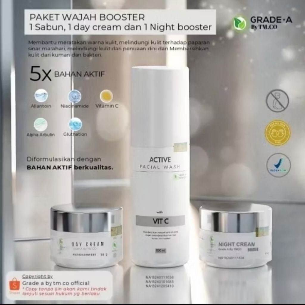 Paket Skincare TMCO Grade A Lengkap – Facial Wash, Day Cream, Night Cream, Serum Booster Pemutih Waj