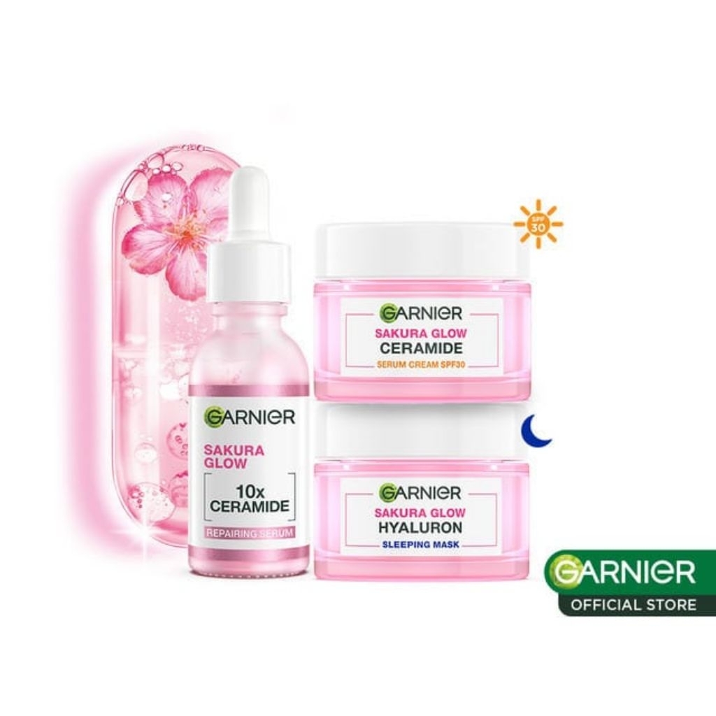 GARNIER Paket Skincare 1 Set Lengkap Sakura Glow Ceramide Skin Barrier Hydrating Daily Set Serum & C
