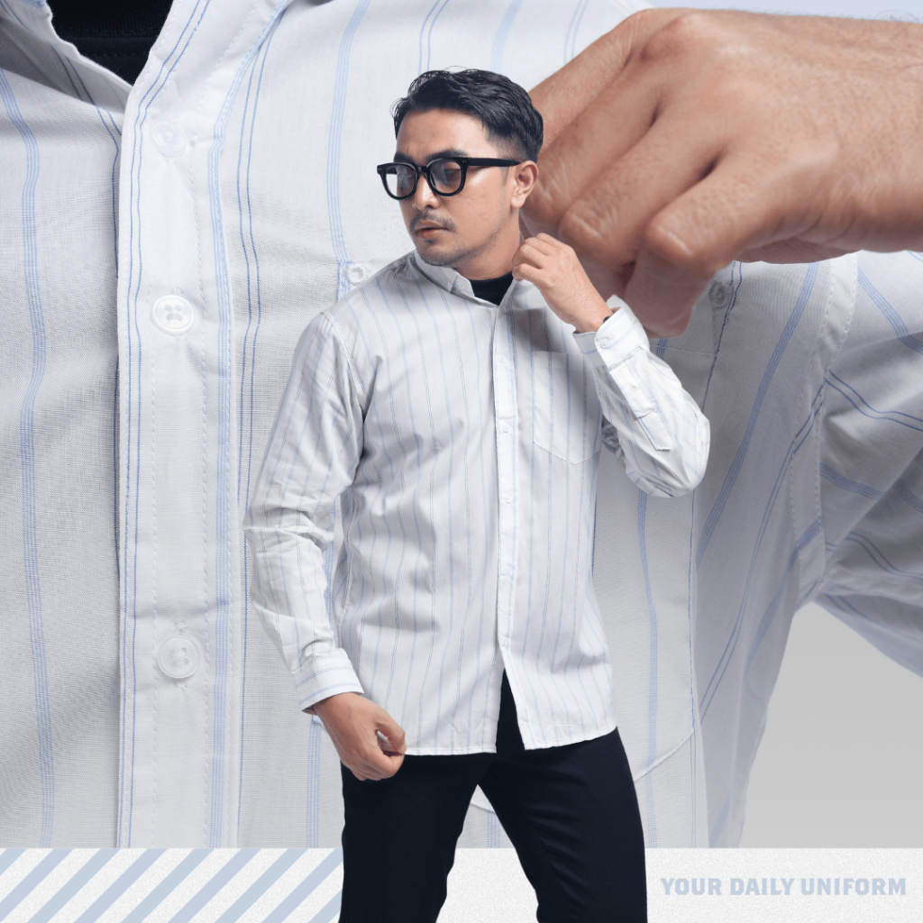 DGM Kemeja Pria Salur Lengan Panjang Premium Kemeja Stripe Pria Kemeja Garis Pria Slimfit Putih Gari