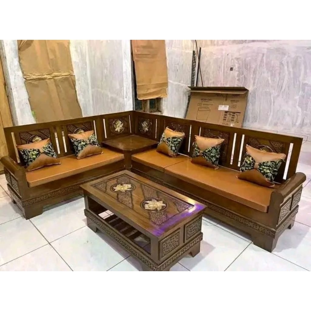 (COD) Kursi Sudut Kayu Jati Minimalis Ukir – Set Sofa Ruang Tamu + Meja | Kursi Sudut Jati Minimalis