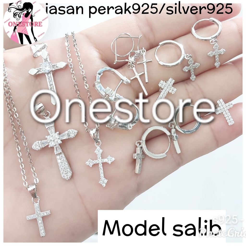 PERAK 925 ASLI S925 LAPIS MAS PUTIH /KALUNG SALIB. ANTING SALIB