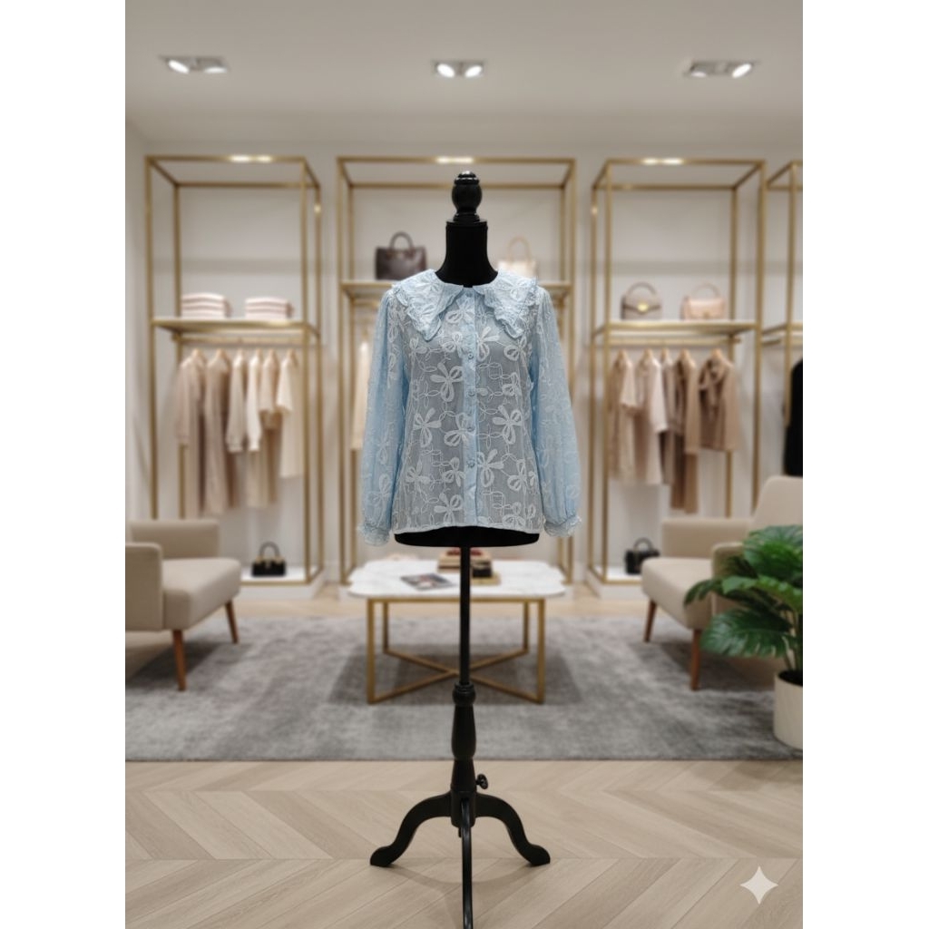 Blouse Brokat Bunga Biru Muda