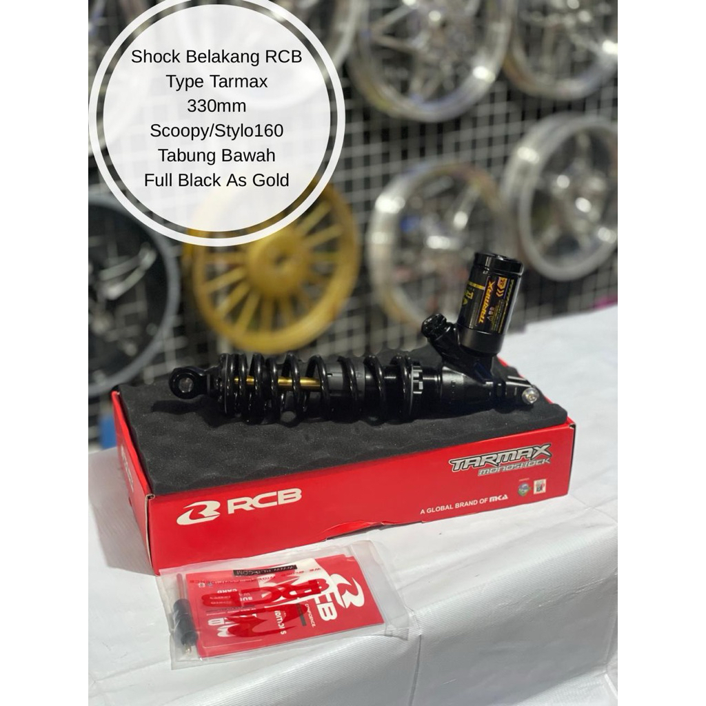 Shock Belakang RCB Type Tarmax 330mm Scoopy/Stylo 160 Tabung Bawah Full Black As Gold -satriamodifik