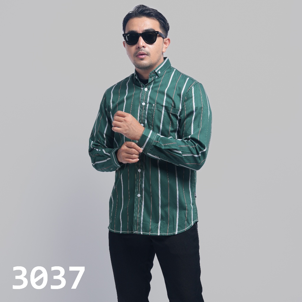 PAKAJI Kemeja Pria Salur Lengan Panjang Premium Kemeja Stripe Pria Kemeja Garis Pria Slimfit Hijau G