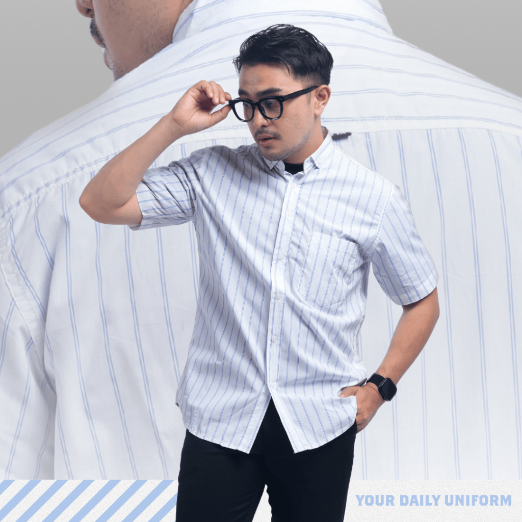 DGM Kemeja Pria Salur Lengan Pendek Premium Kemeja Stripe Pria Kemeja Garis Pria Slimfit Putih Garis