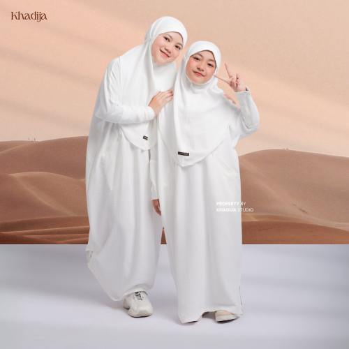 Khadijastudio - Abaya Anak Set Hijab Maryam Series Warna Putih | Gamis Anak Perempuan untuk Manasik