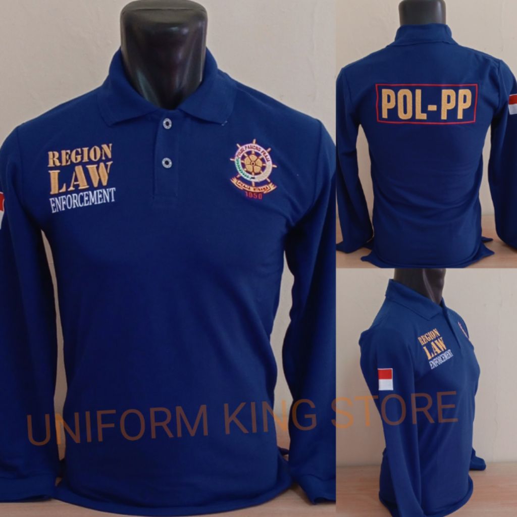 KAOS POL PP LENGAN PANJANG BIRU FULL BORDIR - KAOS KERAH SATPOL PP BIRU BORDIR