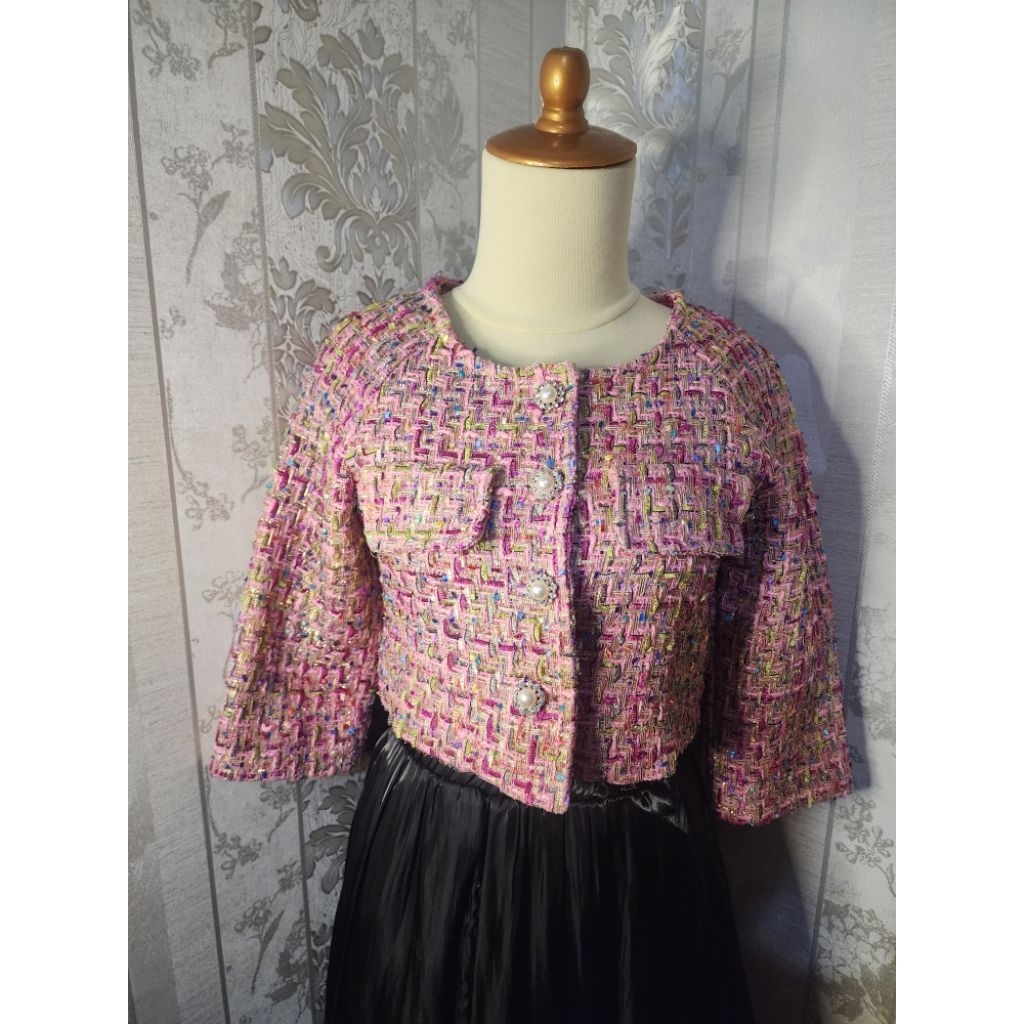 Blazer Crop Tweed Pink Barbie Anak Remaja