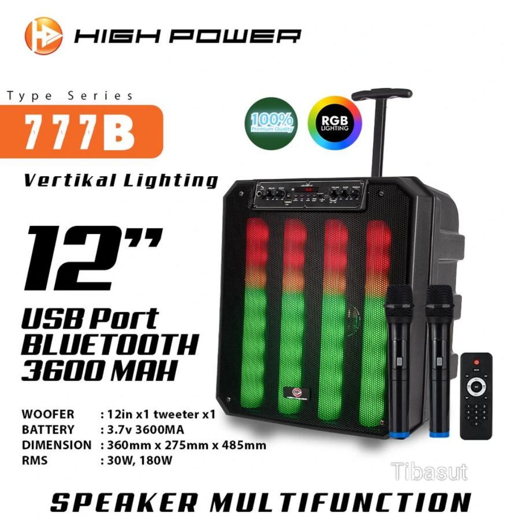 High Power Speaker Portable 12 Inci Free 2 Mic Wireless Bluetooth Karaoke 777 B Vertikal Lighting SN