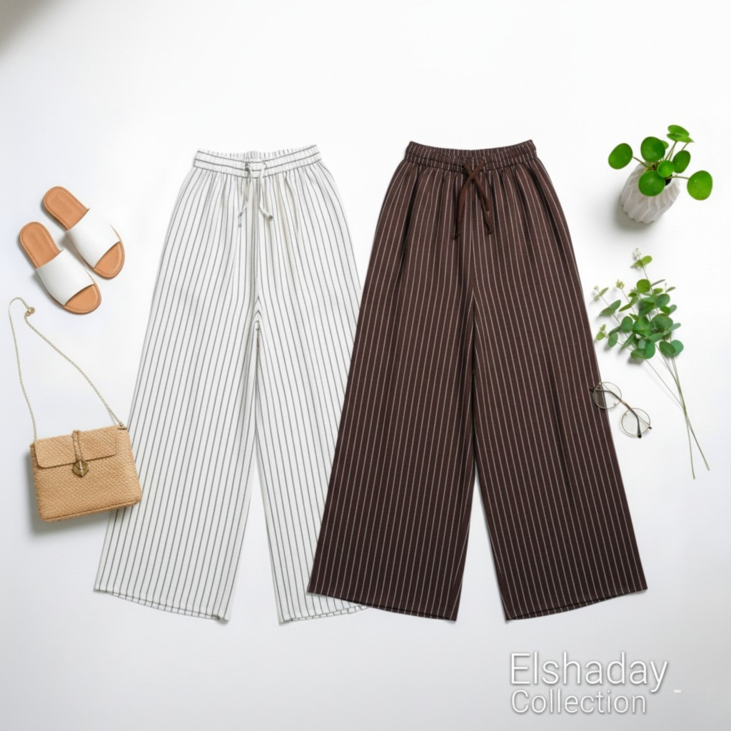 Kulot Wanita Kenzy Salur – Celana Kulot Panjang Semiwoll Salur Premium Ada Saku Tali Serut