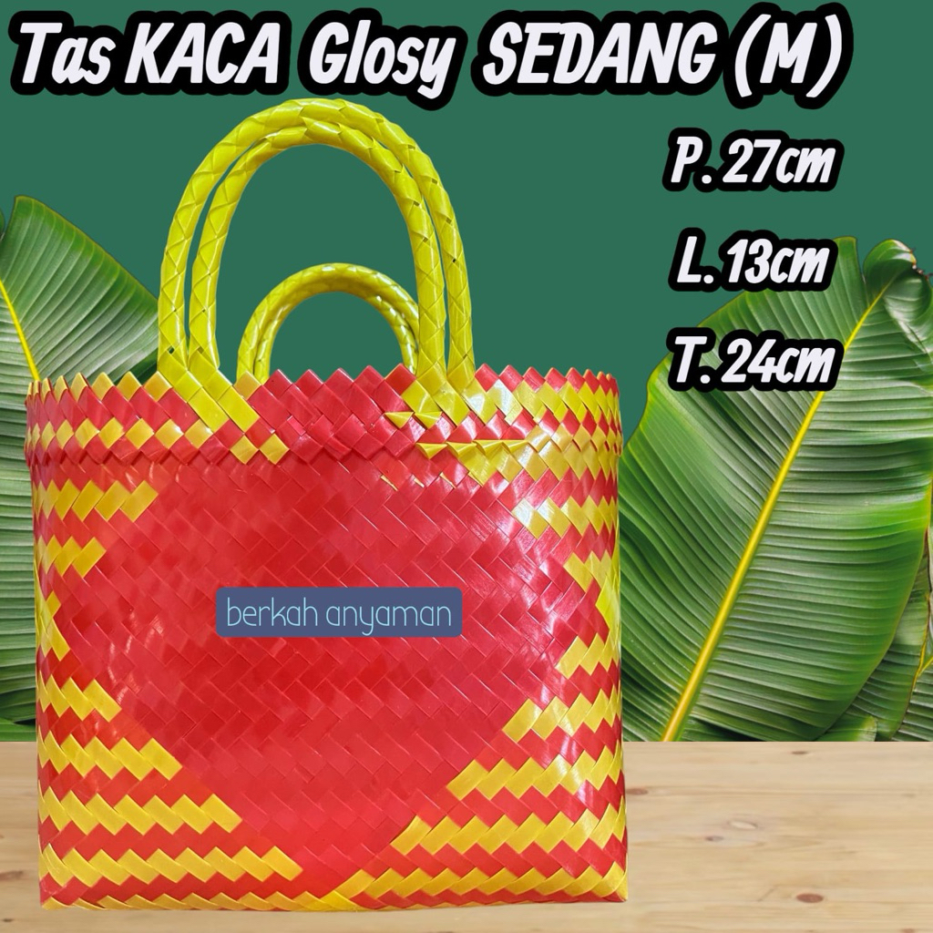 Tas anyaman kaca sedang/ (M) full glosy ukuran 27x13x24.tas pasar/hampers lebaran/tas hajatan