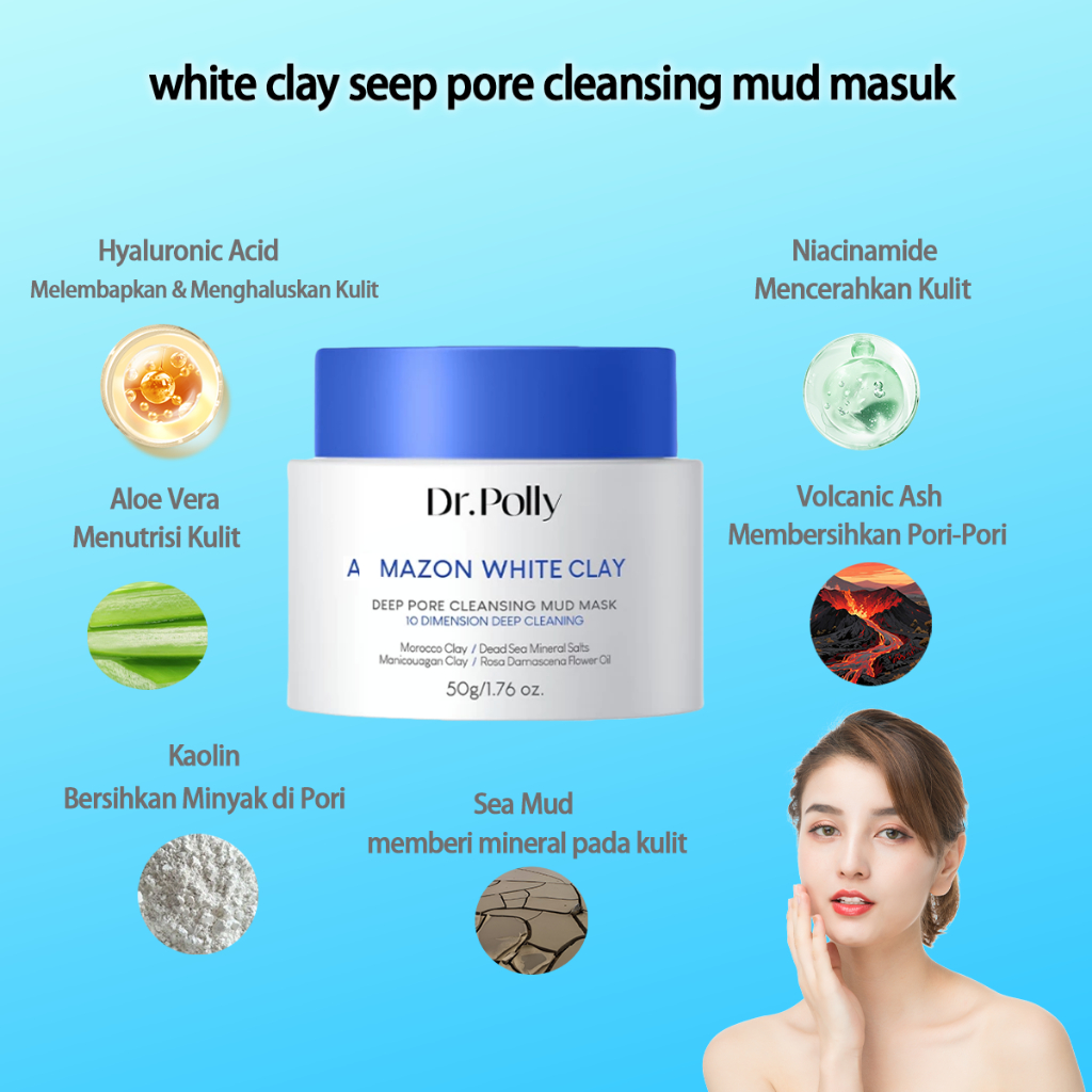 Dr.Polly White Clay Deep Pore Cleansing Mud Mask 50g | Masker Wajah Bunga dengan Vitamin untuk Mence
