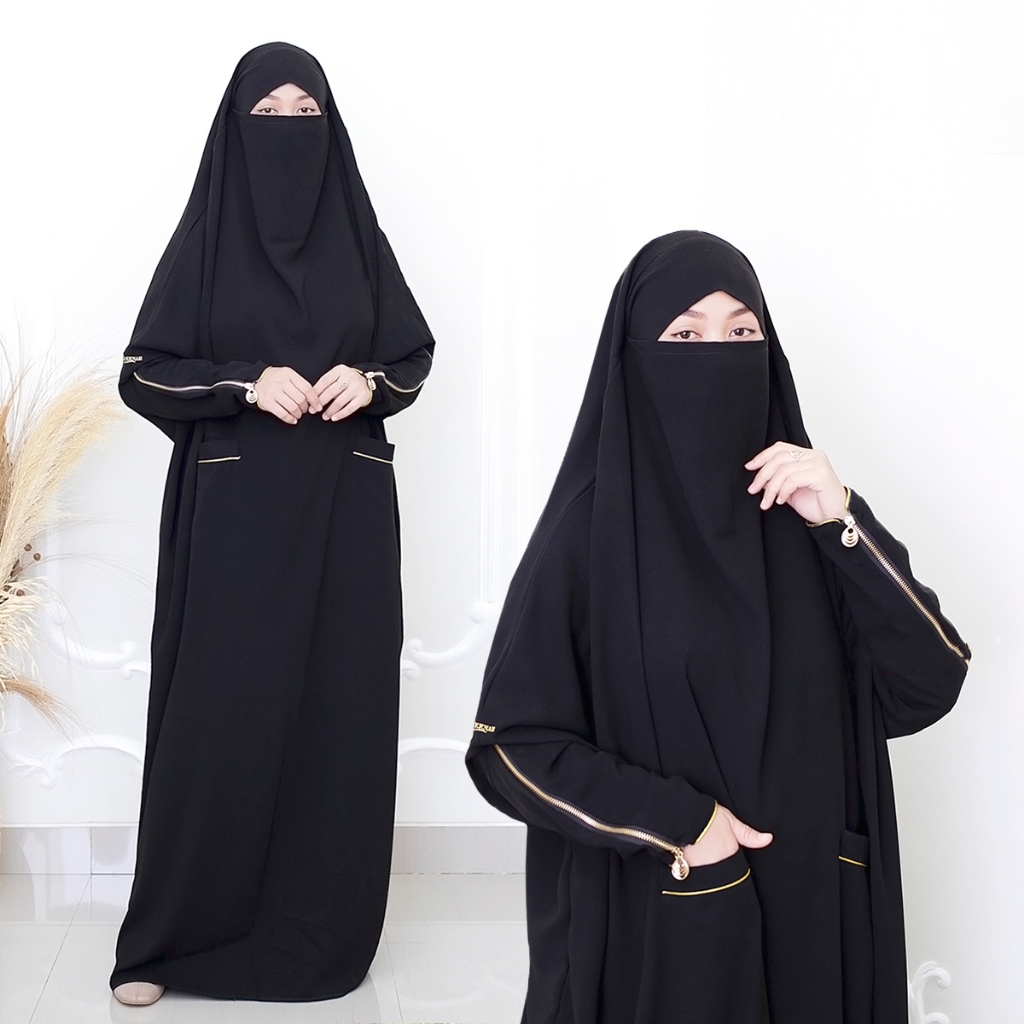 Aqueenah - Overhead French Khimar Medina Kerudung Hijab Terusan Jilbab Lengan Jumbo Hitam Jetblack