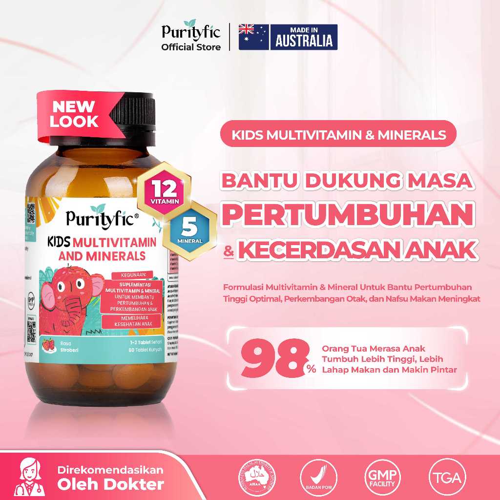 (Official) Purityfic Kids Multivitamin & Minerals 60 Tablet Hisap Vitamin Australia - Nutrisi Otak T