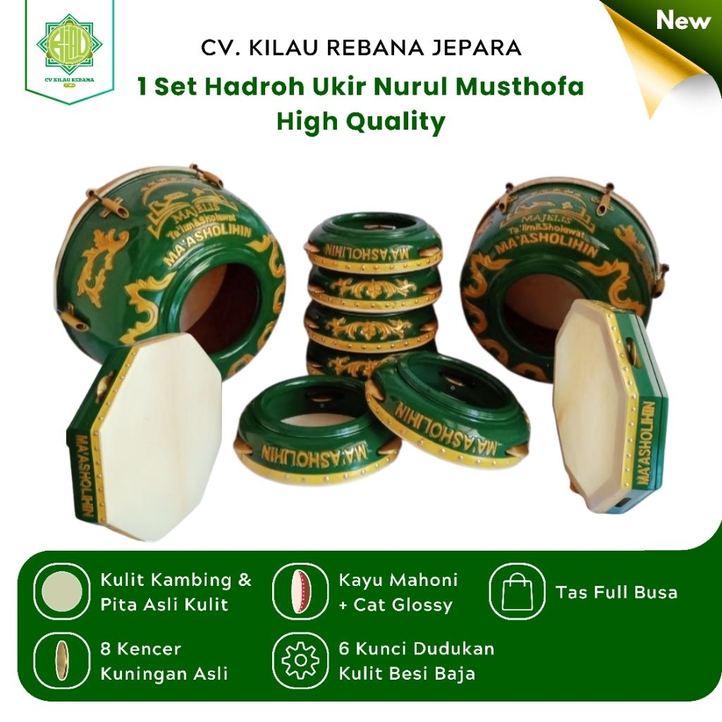 1 Set Hadroh Nurmus Bas Kotek/Kulit & Bas Segi 8 Ukir Asli Jepara Berkualitas dan Bergaransi CV Kila