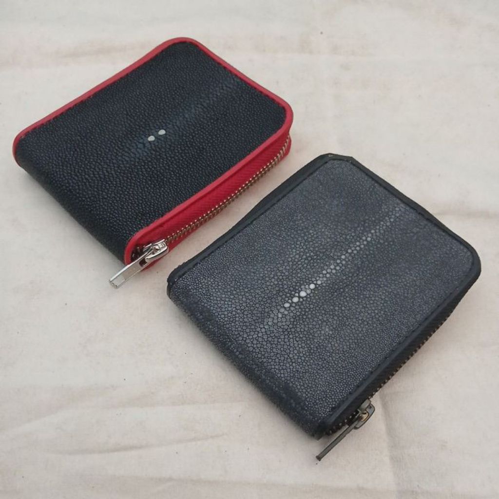 Dompet mini zipper pria wanita bahan kulit ikan pari asli motif polos