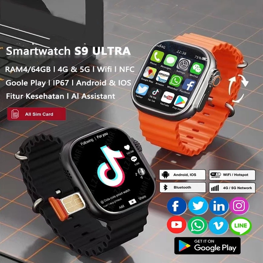 Jam tangan pintar S9 Ultra Pro Sim Card Support 4G/5G Smartwatch Camera GPS NFC Full Touch Screen Me