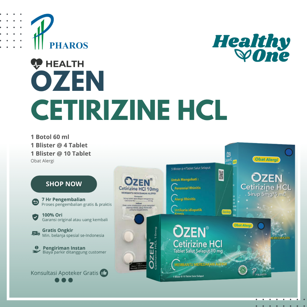 Ozen Tablet 10mg / 1 Blister @ 4 Tablet / 1 Blister @10 Tablet / Sirup 60 ml / Meredakan alergi