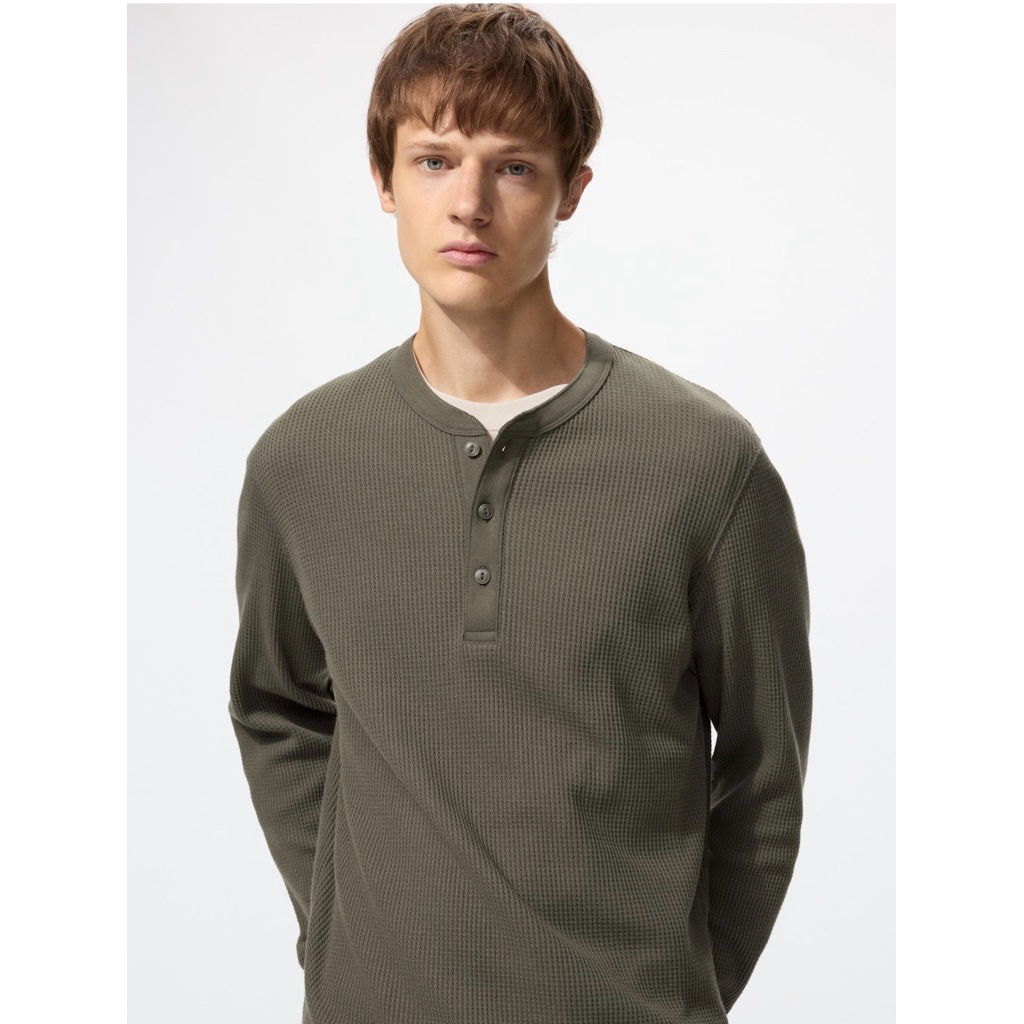 MEN T-Shirt Waffle Kerah Henley Lengan Panjang UNIQLO