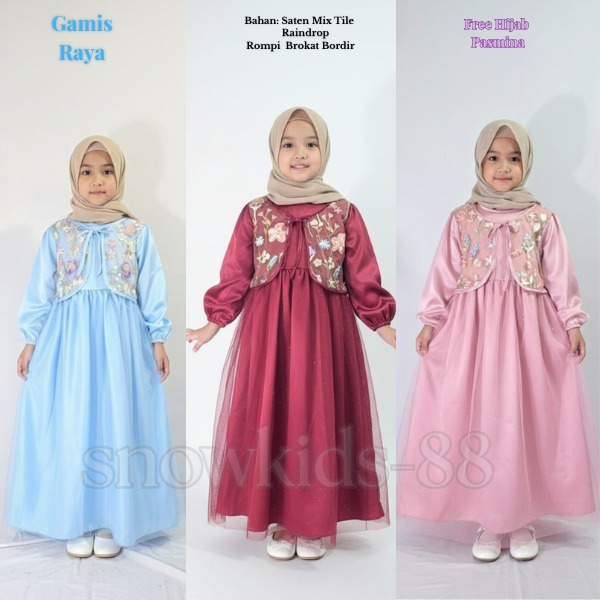 Gamis Anak Perempuan Terbaru Usia 3-10 Tahun ( FREE HIJAB ) Motif Rompi Brokat Bordir Bunga Cantik F