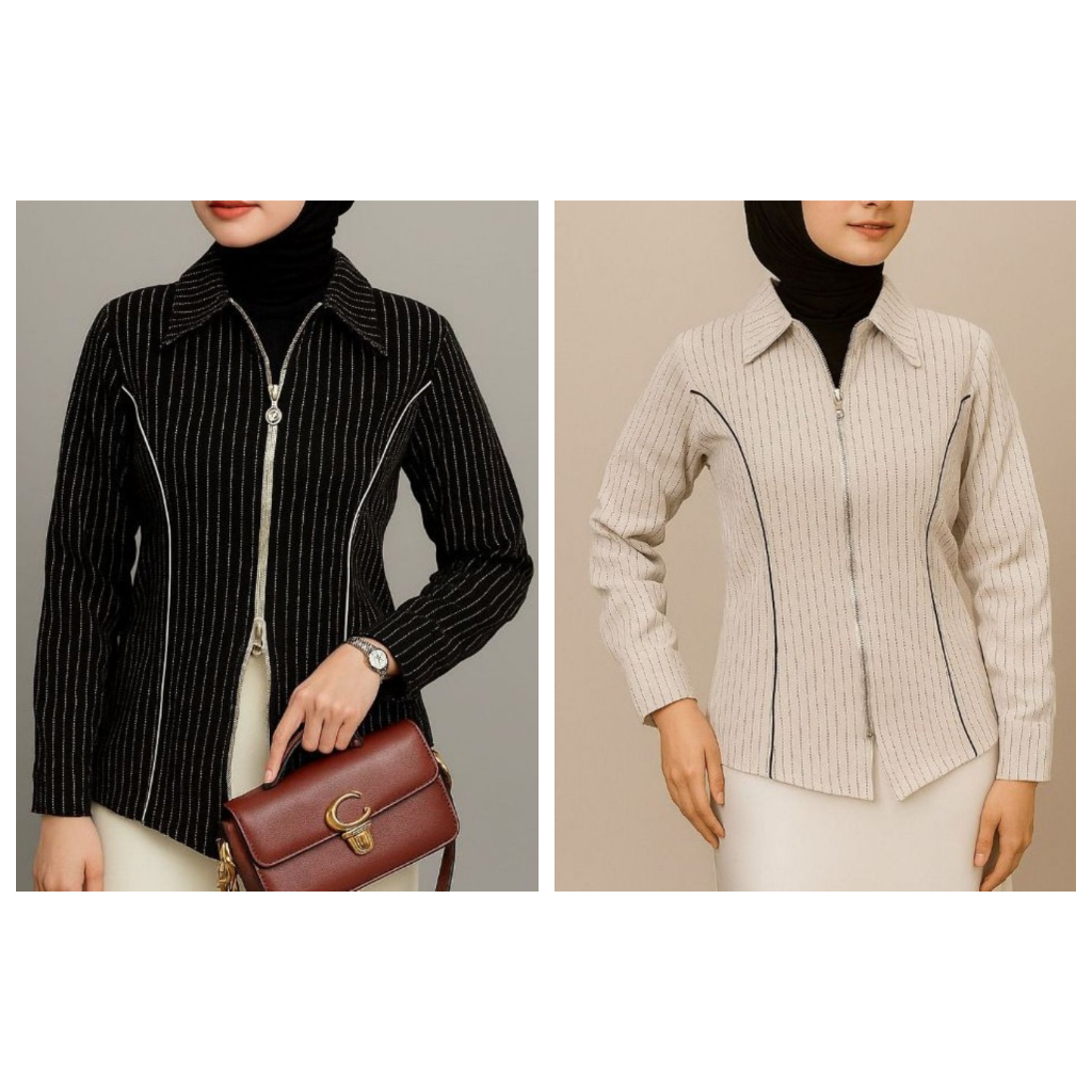 Atasan Zipper DYFFA Shirt Salur Fitted Korea Style