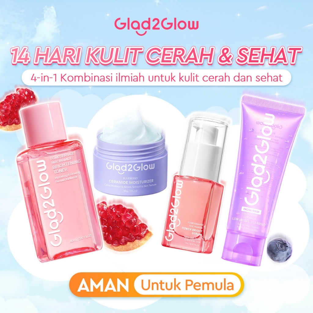 [SET REPAIR&GLOWING]Glad2Glow Glowing&Sehat&Lembap Bundle 4in1-Blueberry Moisturizer+Cerah Krim+Brig