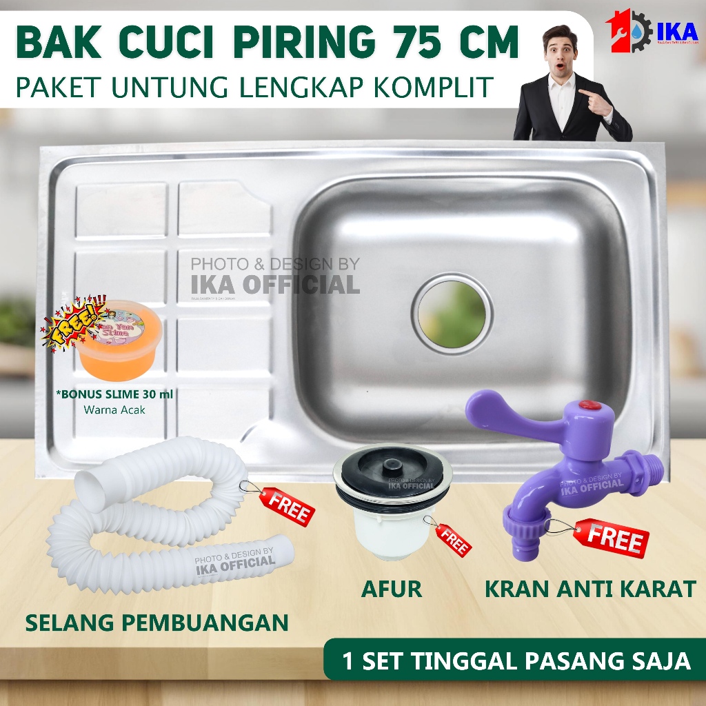 Bak Cuci Piring / Wastafel Cuci Piring Stainless 75 Cm Free Selang + Afur + Kran / Harga Grosir Bak 