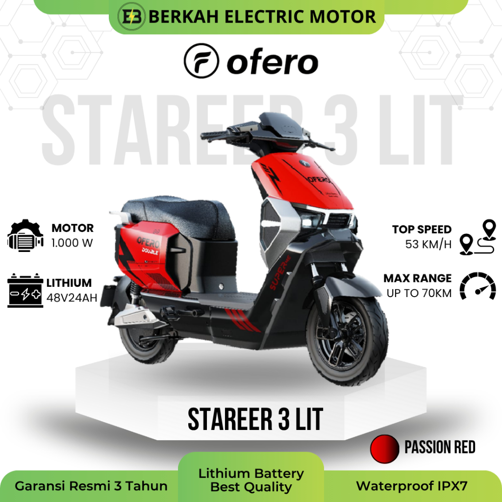 Ofero Stareer 3 Lit 1000W E-Bike 2 Baterai (baterai kedua dijual terpisah)