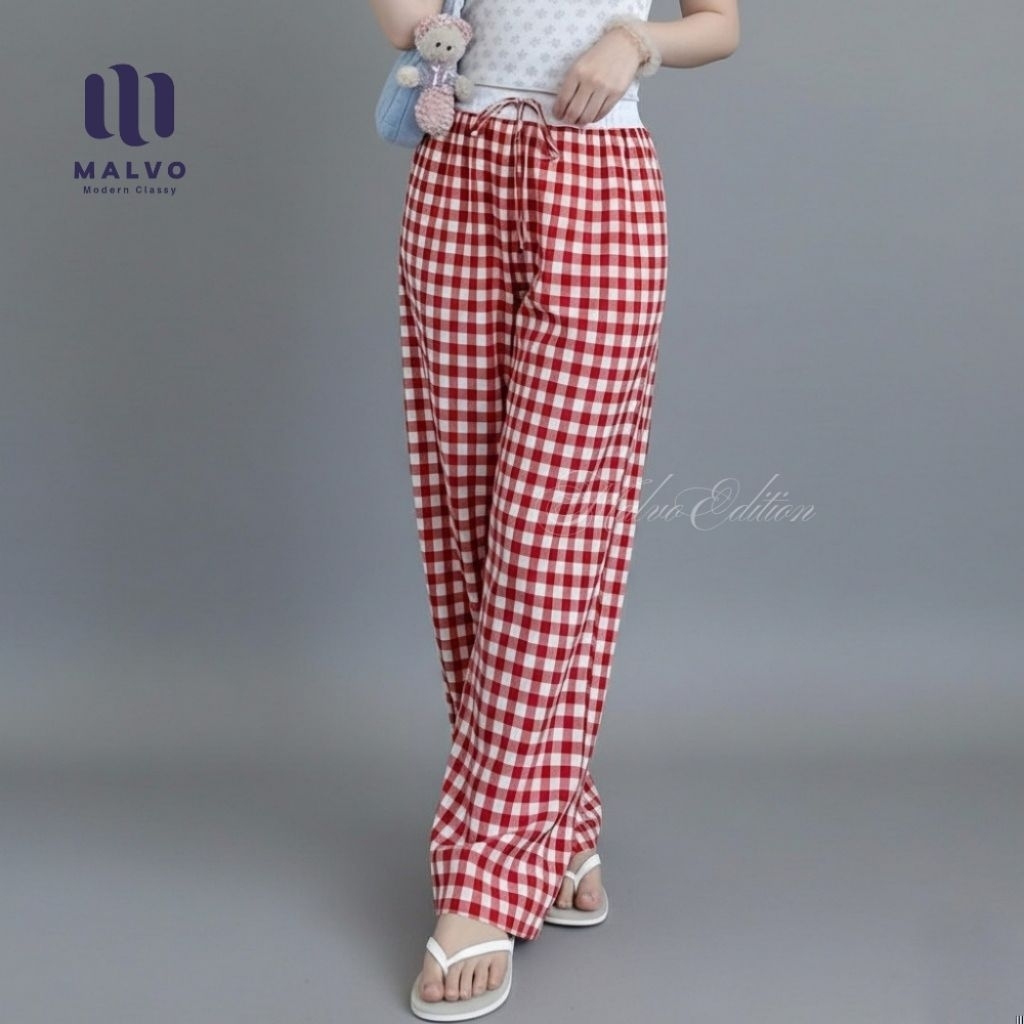 MALVO Celana Panjang Wanita Motif Kotak Kotak Gingham Korean Style