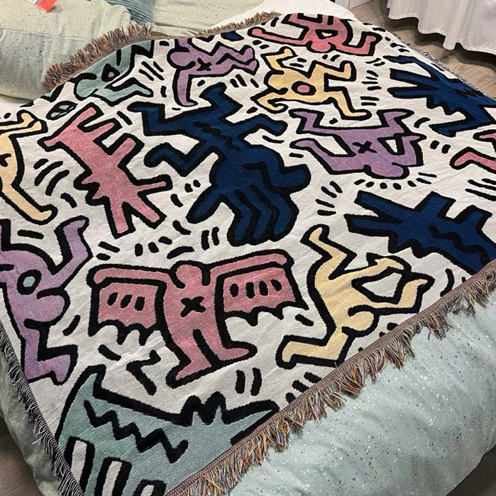 Woven Tapestry Motif Abstrak Seniman Grafiti Keith Haring | Throw Blanket Selimut Rajut Knit Alas Ku