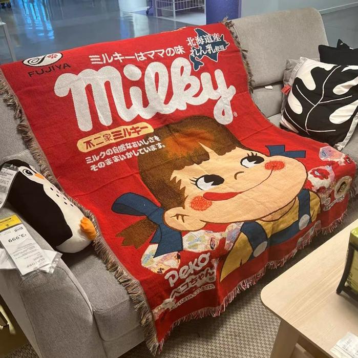 Woven Tapestry Motif Boneka Peko Meiji Susu Fujiya Milky Japan | Throw Blanket Selimut Rajut Knit Al