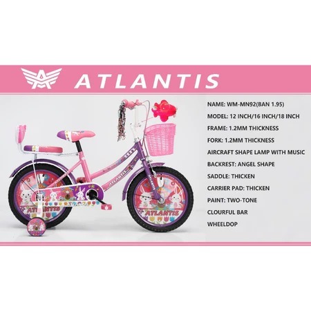 ATLANTIS Sepeda anak ukuran 12 inch 16 inch 18 inch - Tameng musik - Kranjang - Boncengan -  Roda sa