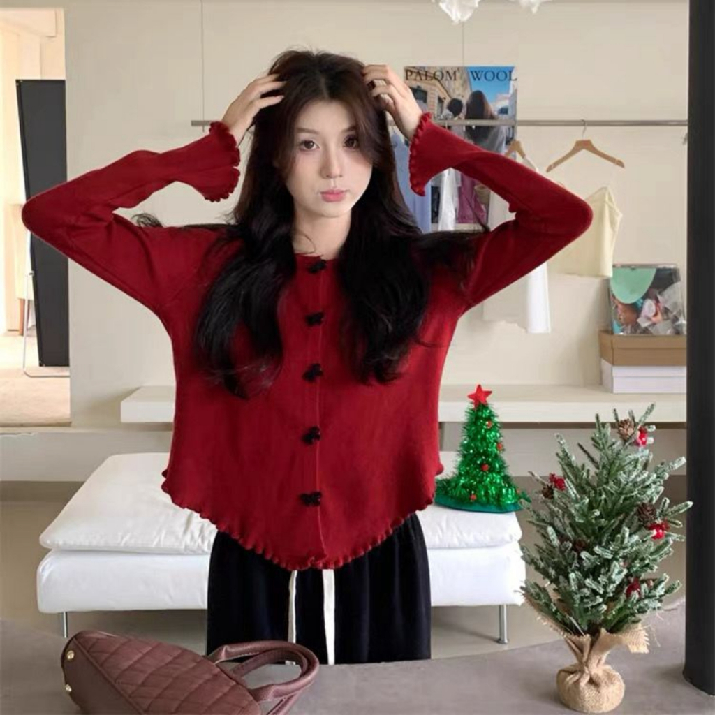 DF - MERRY Top Wanita Lengan Panjang Kancing Ribbon Knit Rib